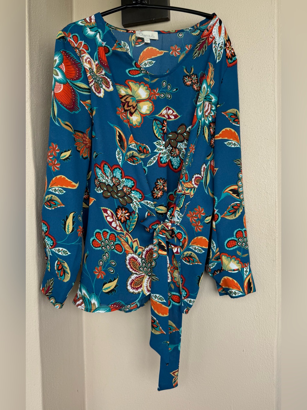 Chenault Tie Front Blue Blouse Multicolored Floral Print 3/4 Sleeve Work Small